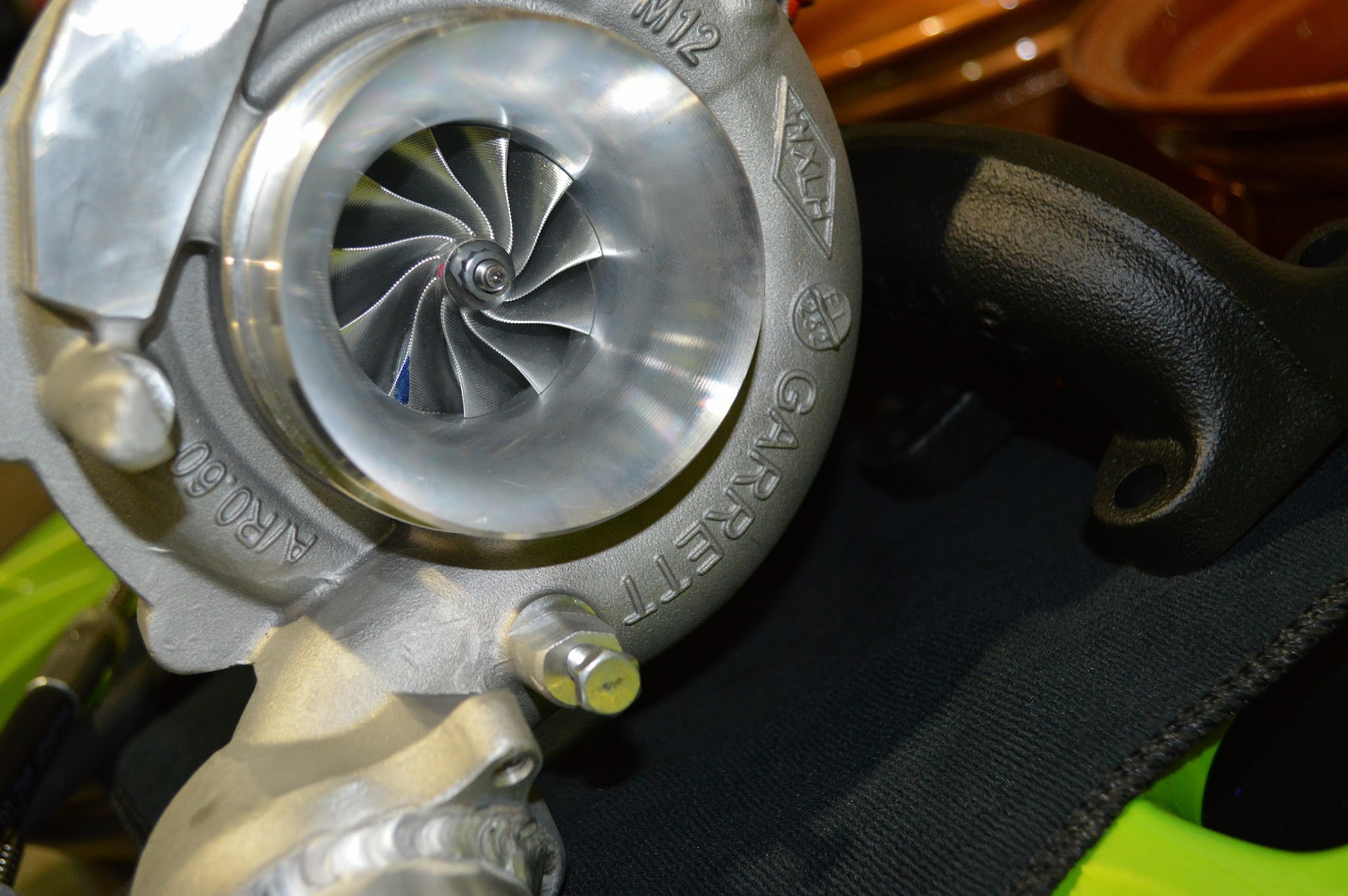 Close-up of a Garrett turbocharger with a billet compressor wheel